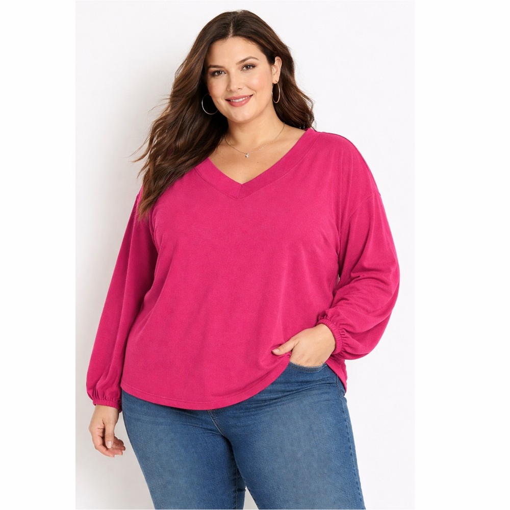 Lane Bryant Pink V‎ Neck Top 18/20 Plus Size Balloon Sleeve Sweater